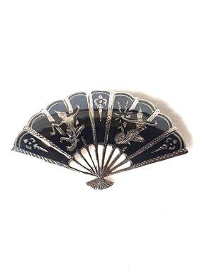 2.5’’ Vintage 1940s Siam Sterling Silver Niello Mekkala Fan Statement Brooch